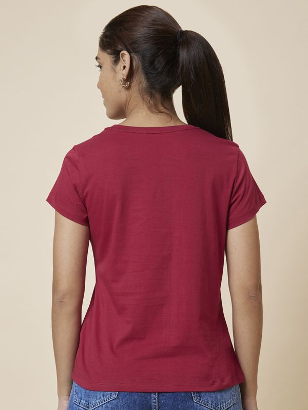 Globus Women Maroon Printed Cotton T-Shirt