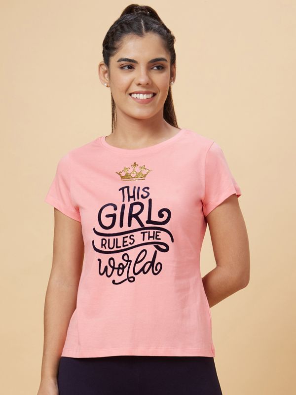 Globus Women Pink Printed Cotton T-Shirt