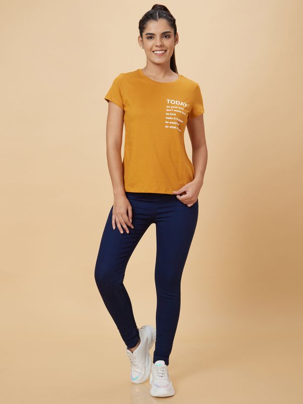 Globus Women Yellow Printed Cotton T-Shirt