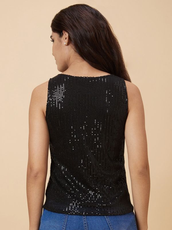 Globus Women Black Sequinned Sleeveless Party Top 