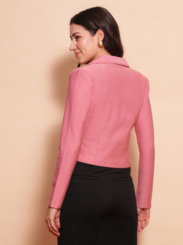 Globus Women Dusty Pink Lapel Collared Long Sleeves Front Opening Crop Work Wear Blazer