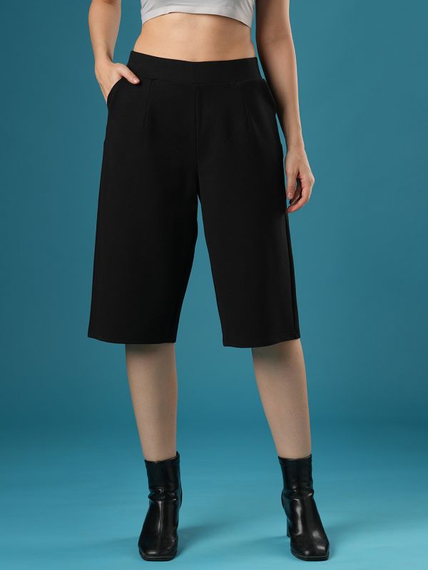 Globus Women Black Mid Rise Stretchable Relaxed Fit Flat Front Slip-On Culottes