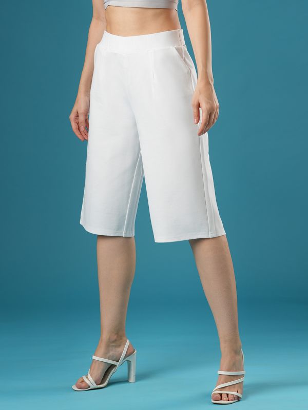 Globus Women White Mid Rise Stretchable Relaxed Fit Flat Front Slip-On Culottes