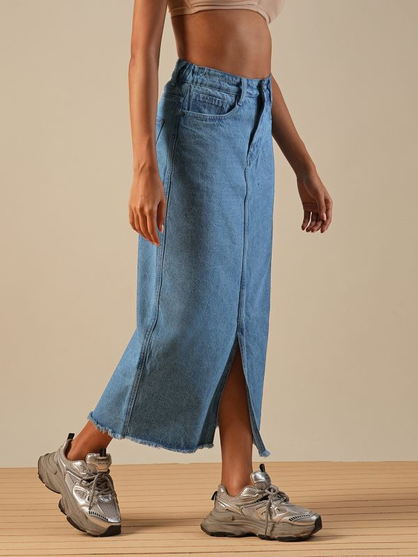 Globus Women Light Blue Mid-Rise Front Slit Fringed Hem Midi Straight Denim Skirt