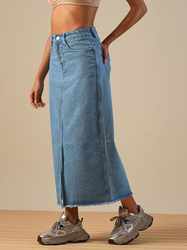 Globus Women Light Blue Mid-Rise Front Slit Fringed Hem Midi Straight Denim Skirt