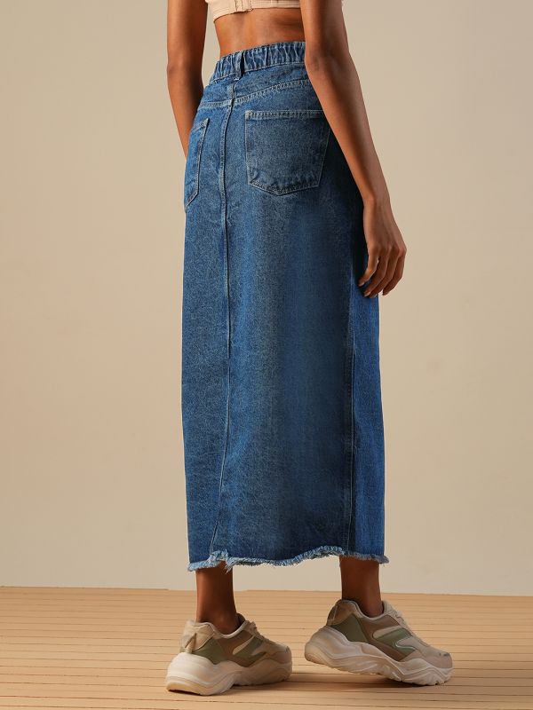 Globus Women Med Blue Mid-Rise Front Slit Fringed Hem Midi Straight Denim Skirt