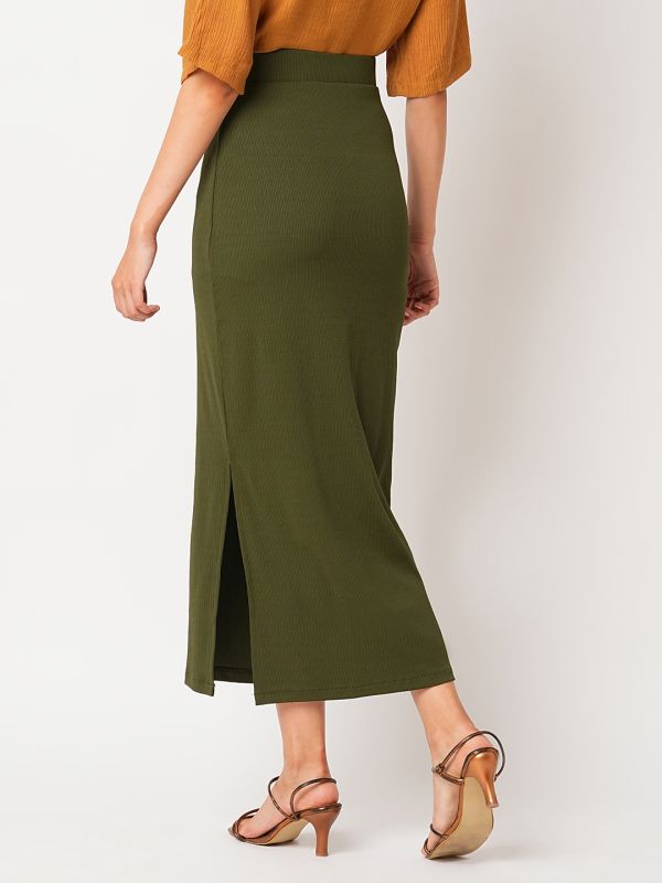 Globus Women Dark Olive High-Rise Stretchable Side Slit Workwear Maxi Pencil Skirt