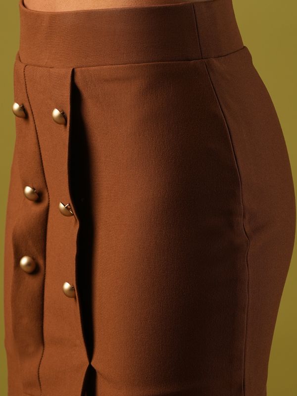 Globus Women Camel Fancy Button Detail Mid-Rise Mini Pencil Party Skirt