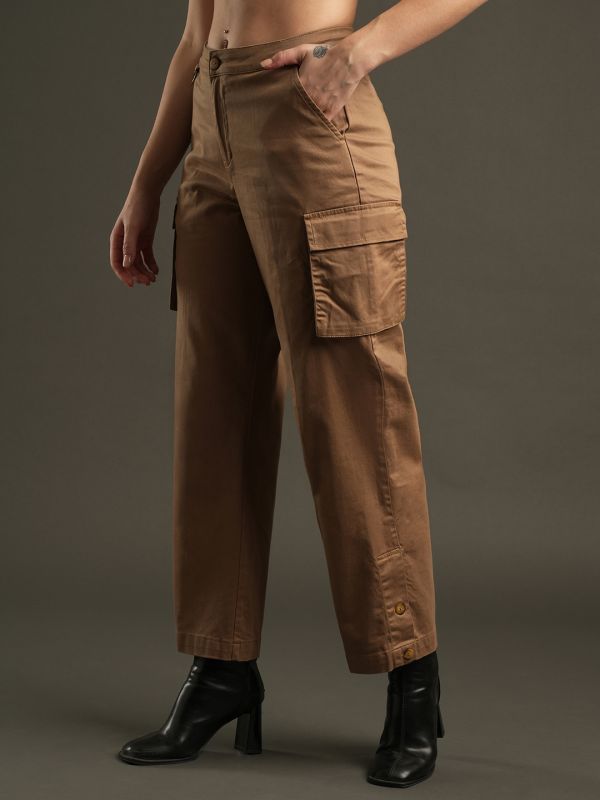 Globus Women Khaki Cotton Stretchable Mid-Rise Relaxed Fit Flat Front Cargo Trousers