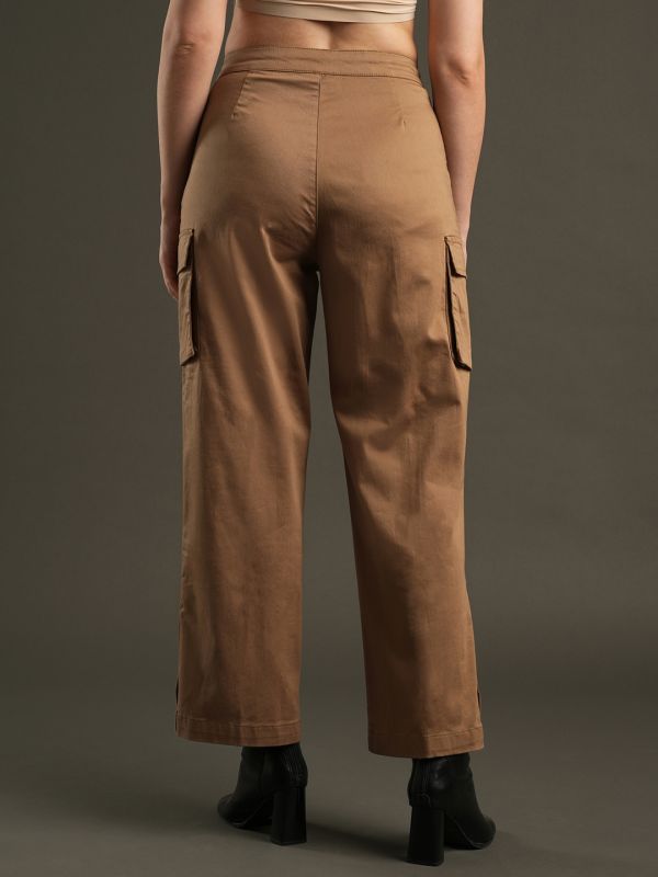 Globus Women Khaki Cotton Stretchable Mid-Rise Relaxed Fit Flat Front Cargo Trousers