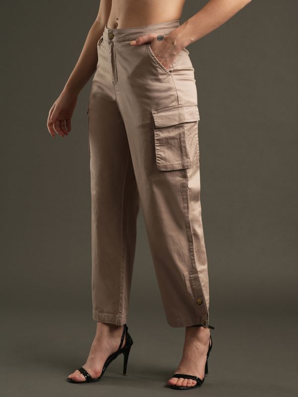 Globus Women Beige Cotton Stretchable Mid-Rise Relaxed Fit Flat Front Cargo Trousers