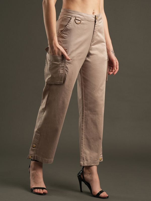 Globus Women Beige Cotton Stretchable Mid-Rise Relaxed Fit Flat Front Cargo Trousers