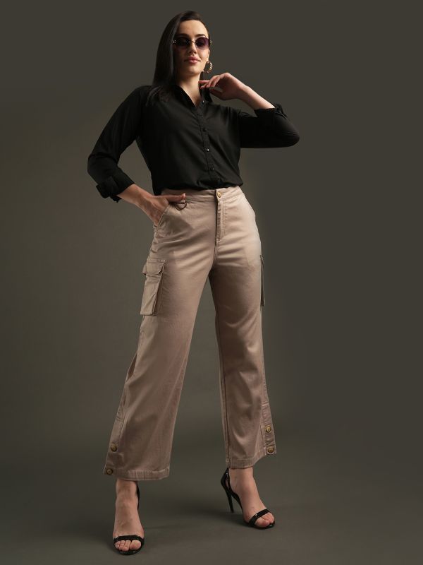 Globus Women Beige Cotton Stretchable Mid-Rise Relaxed Fit Flat Front Cargo Trousers