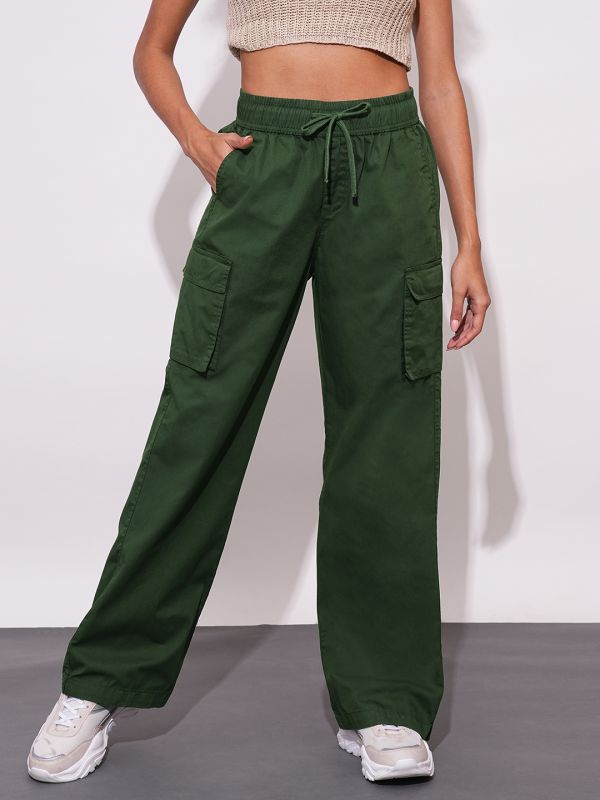 Globus Women Olive Cotton High-Rise Elasticated Waist Relaxed Fit Wide Leg Cargo Trousers