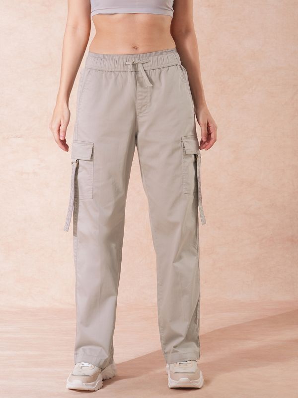 Globus Women Cement Grey Cotton Mid-Rise Elasticated Waist Wide Leg Cargo Trousers