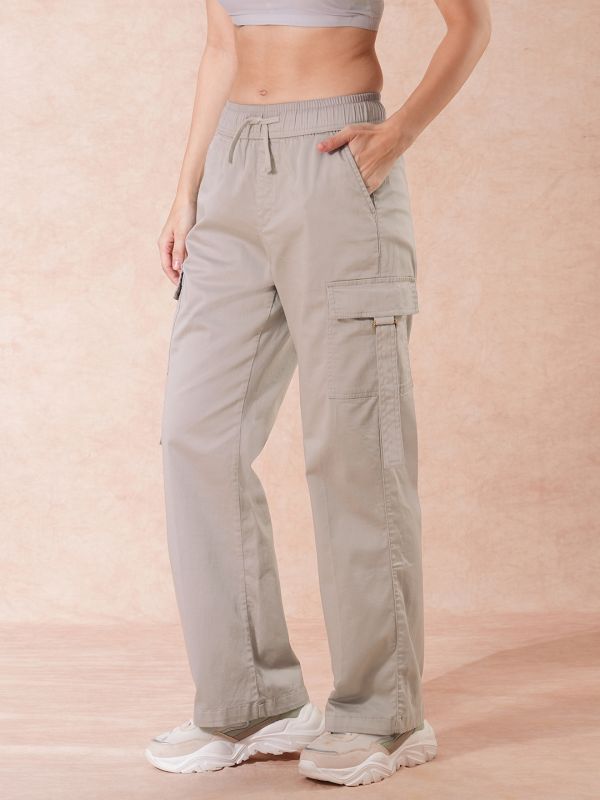 Globus Women Cement Grey Cotton Mid-Rise Elasticated Waist Wide Leg Cargo Trousers