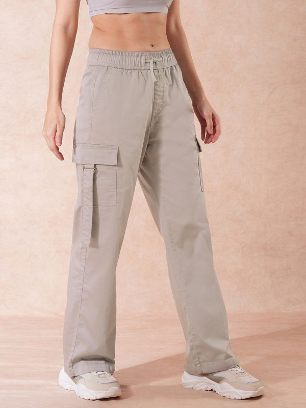 Globus Women Cement Grey Cotton Mid-Rise Elasticated Waist Wide Leg Cargo Trousers