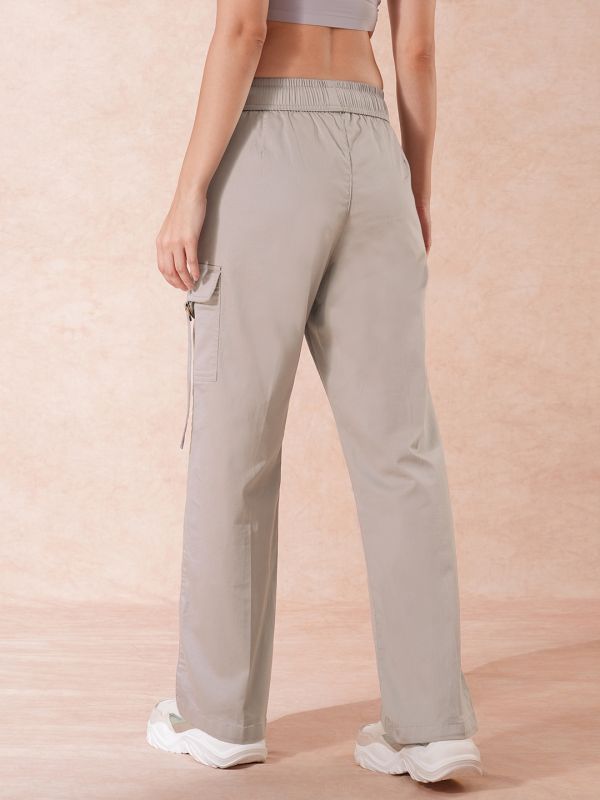 Globus Women Cement Grey Cotton Mid-Rise Elasticated Waist Wide Leg Cargo Trousers