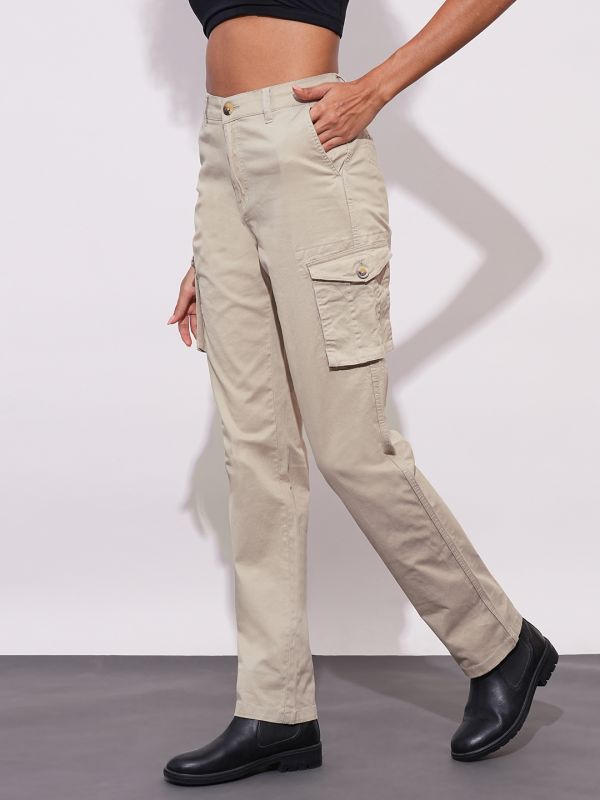 Globus Women Beige Cotton Stretchable High-Rise Relaxed Fit Cargo Trousers