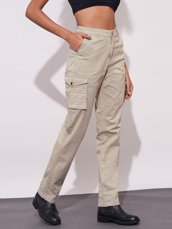 Globus Women Beige Cotton Stretchable High-Rise Relaxed Fit Cargo Trousers