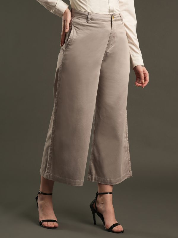 Globus Women Clay Satin Stretchable Mid-Rise Relaxed Fit Flat Front Cropped Wide Leg Formal Trousers