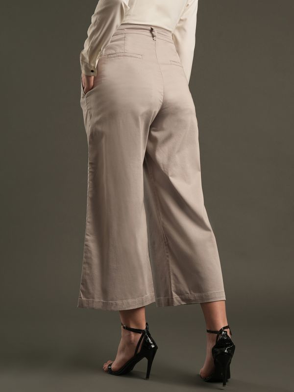 Globus Women Clay Satin Stretchable Mid-Rise Relaxed Fit Flat Front Cropped Wide Leg Formal Trousers