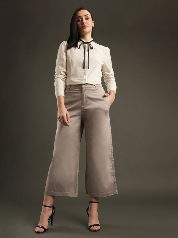 Globus Women Clay Satin Stretchable Mid-Rise Relaxed Fit Flat Front Cropped Wide Leg Formal Trousers