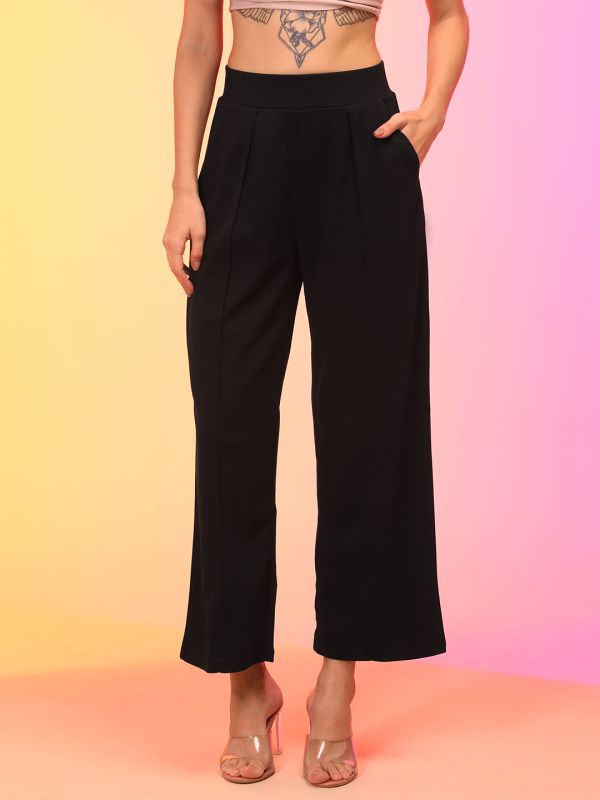 Globus Women Black Straight Fit Pleated Wide Leg Trousers