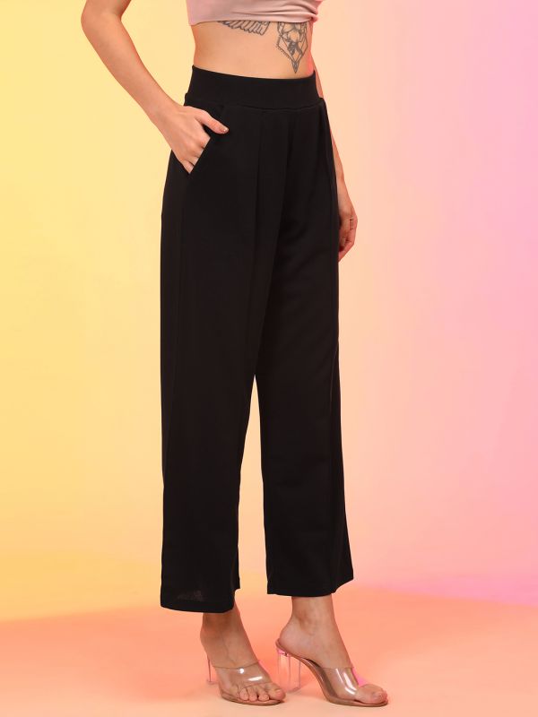 Globus Women Black Straight Fit Pleated Wide Leg Trousers