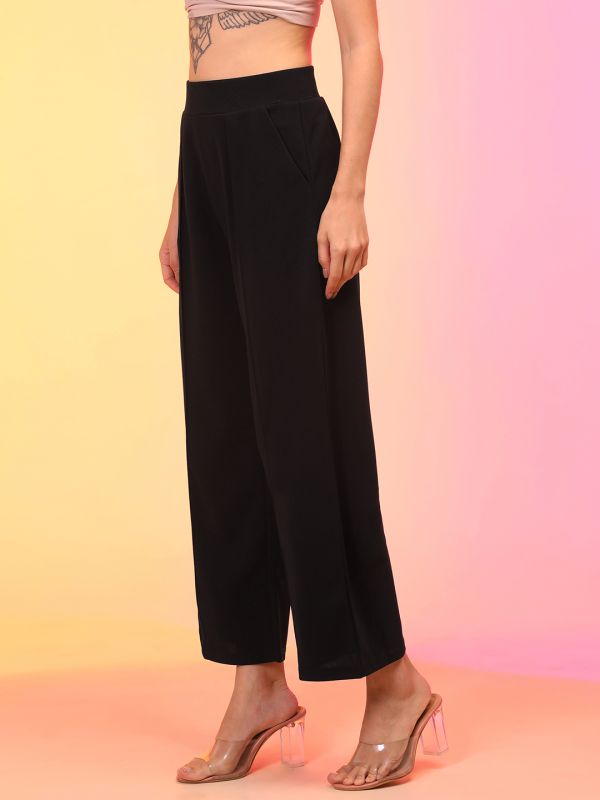 Globus Women Black Straight Fit Pleated Wide Leg Trousers