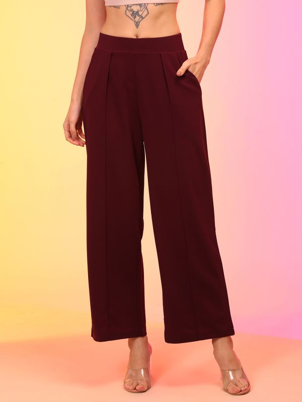 Globus Women Maroon Straight Fit Pleated Wide Leg Trousers