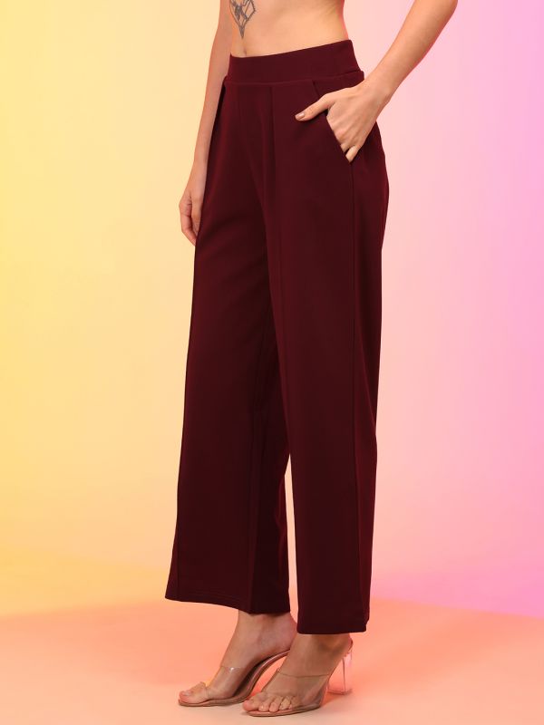 Globus Women Maroon Straight Fit Pleated Wide Leg Trousers