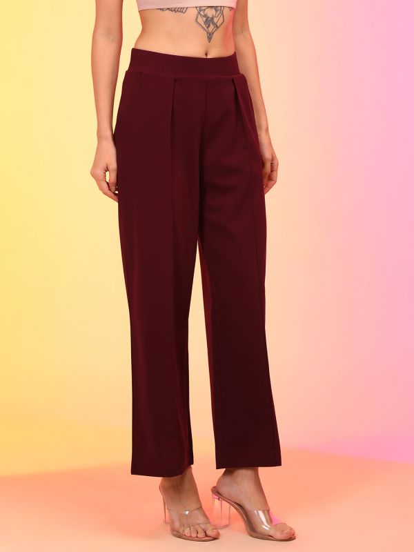 Globus Women Maroon Straight Fit Pleated Wide Leg Trousers