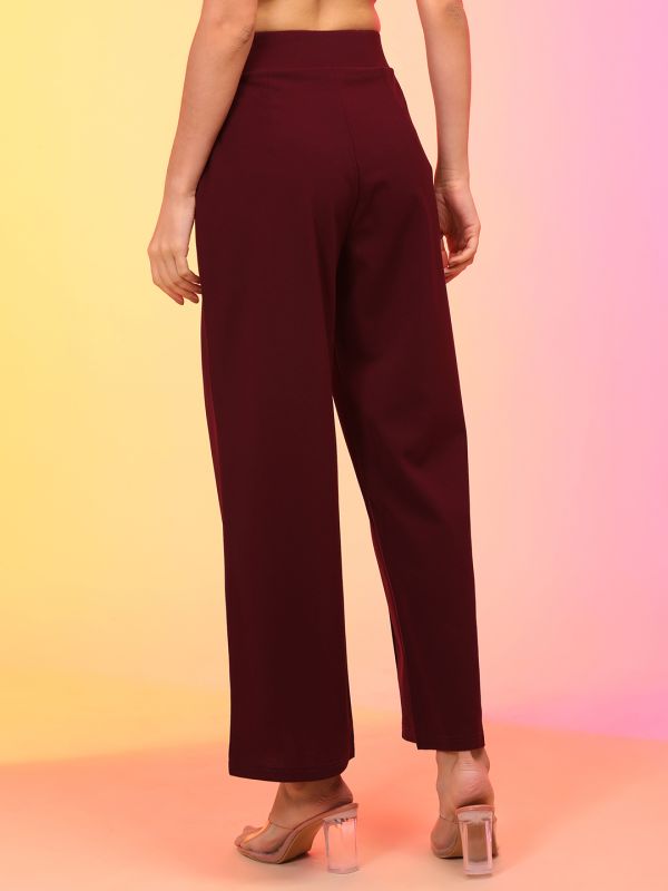 Globus Women Maroon Straight Fit Pleated Wide Leg Trousers