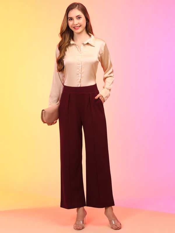 Globus Women Maroon Straight Fit Pleated Wide Leg Trousers