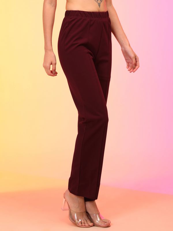 Globus Women Maroon High-Rise Flat Front Bootcut Trousers