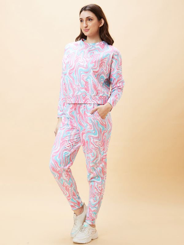 Globus Women Multicolour Marble Print Co-Ord Set with Sweatshirt And Joggers