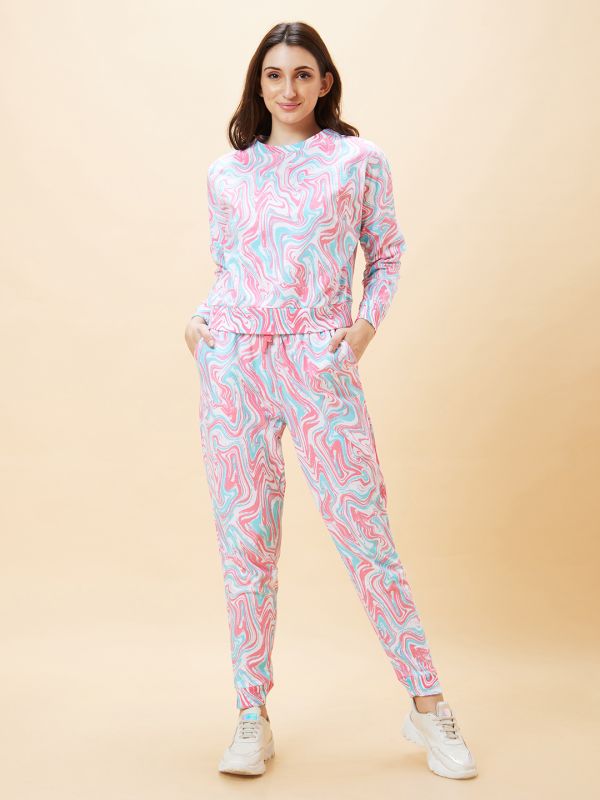 Globus Women Multicolour Marble Print Co-Ord Set with Sweatshirt And Joggers