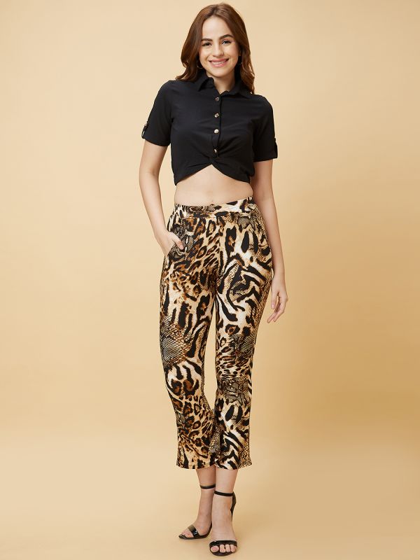 Globus Women Black Casual Co-Ord Set with Solid Twisted Crop Top and Animal Print Trouser