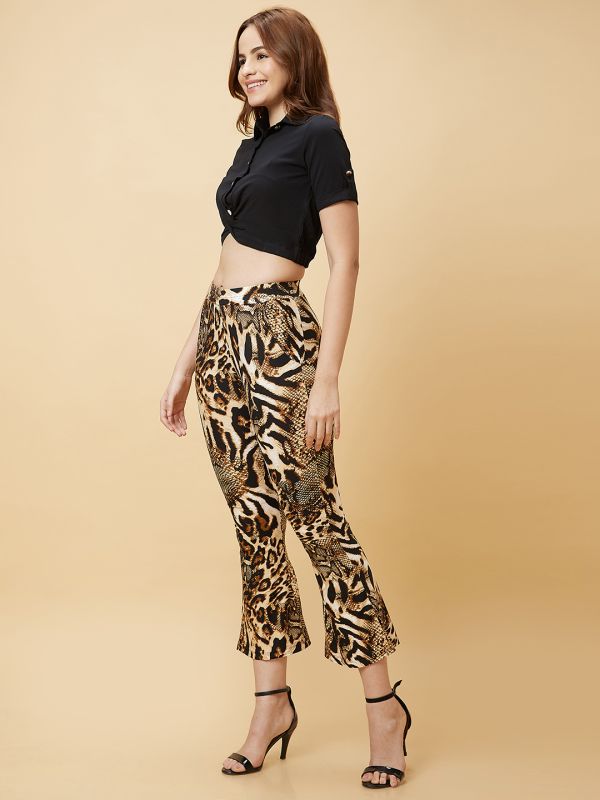 Globus Women Black Casual Co-Ord Set with Solid Twisted Crop Top and Animal Print Trouser