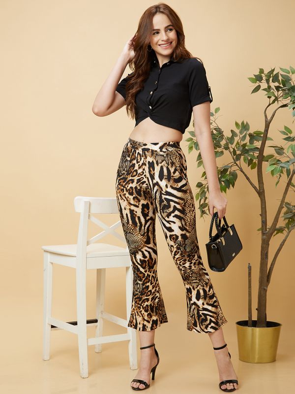 Globus Women Black Casual Co-Ord Set with Solid Twisted Crop Top and Animal Print Trouser