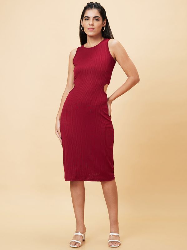 Globus Women Maroon Solid Bodycon Casual Dress