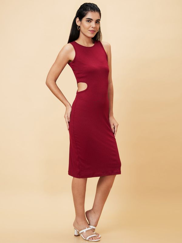 Globus Women Maroon Solid Bodycon Casual Dress