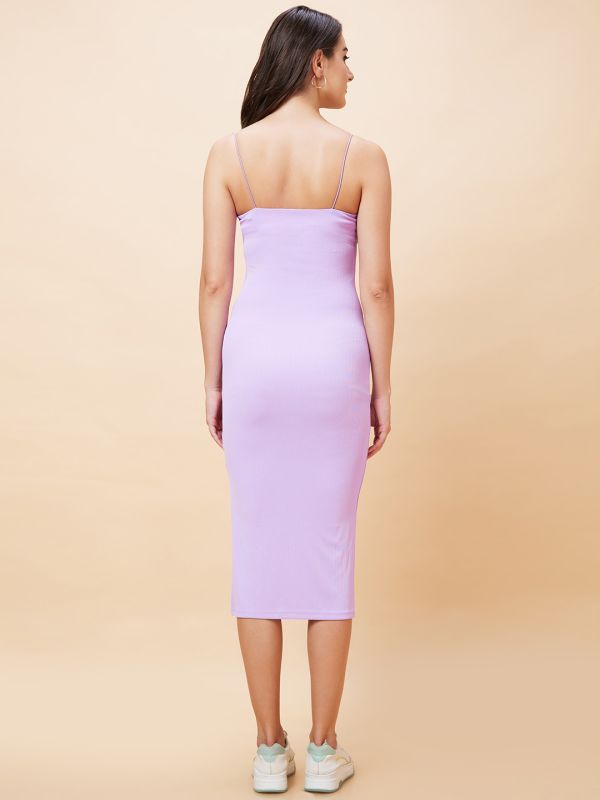 Globus Women Lavender Solid Ribbed Strappy Casual Midi Bodycon Dress