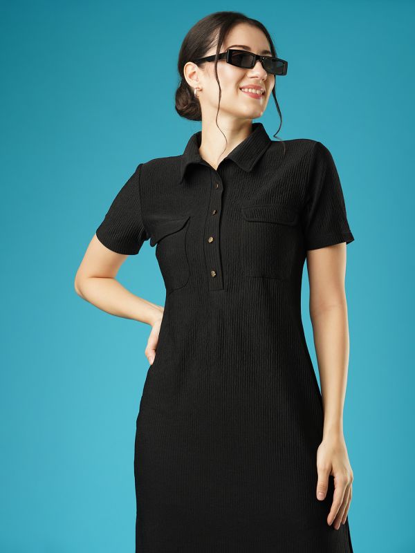 Globus Women Black Self Design Shirt Collar Pocket Detail Midi Sheath Workwear Dress