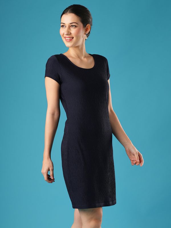 Globus Women Navy Blue Round Neck Short Sleeves Knitted Self Textured Workwear Sheath Dress