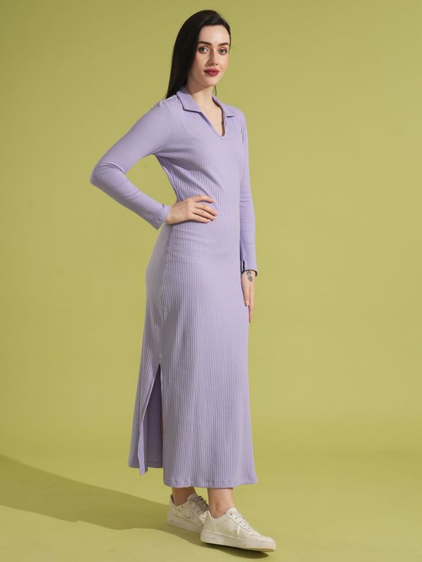 Globus Women Lavender Full Sleeves Collared Neck Ribbed Bodycon Side Slit Maxi Dress