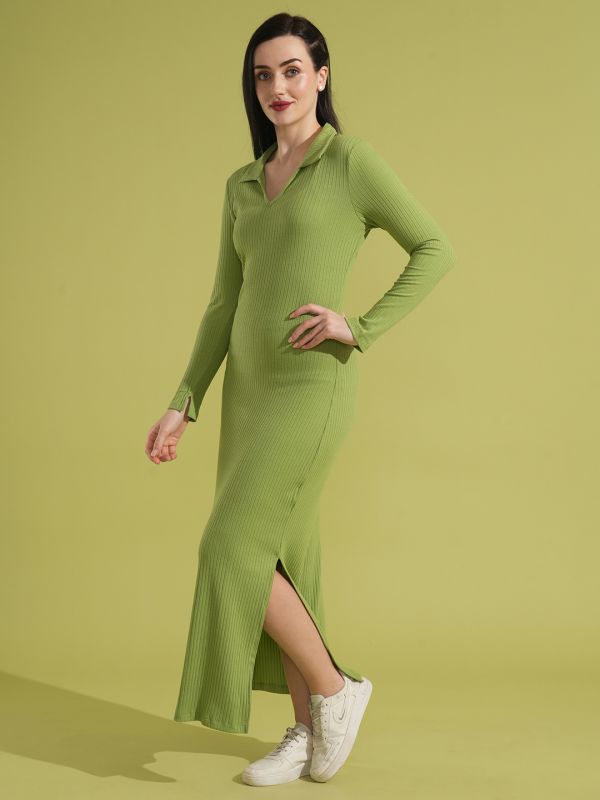 Globus Women Green Full Sleeves Collared Neck Ribbed Bodycon Side Slit Maxi Dress