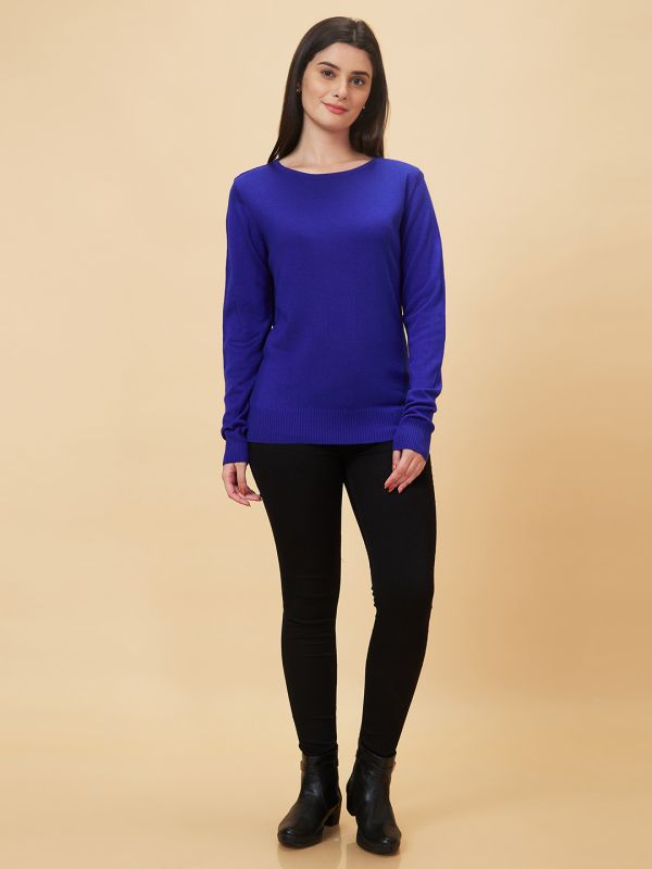 Globus Women Blue Solid Round Neck Casual Top