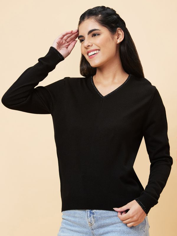 Globus Women Black Shiny V-Neck Design With Ribbed Hem Acrylic Sweater